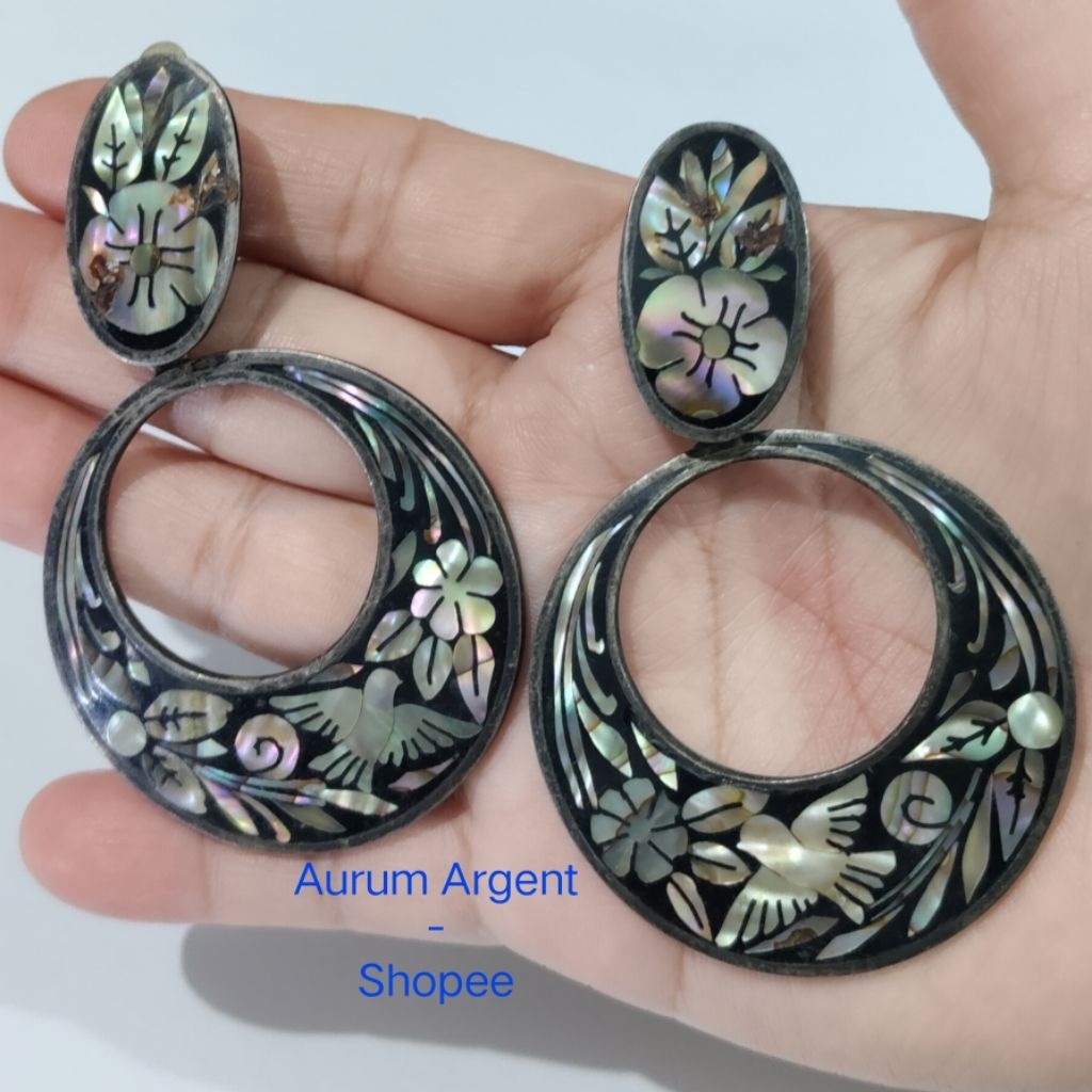 GW.10-- 1 PASANG GIWANG KULIT KERANG ABALONE PERAK ASLI BUATAN MEXICO - VINTAGE. -- SILVER EARRINGS 