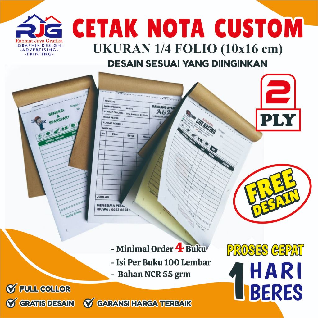 Nota Custom 2 PLY Ukuran 1/4 folio Nama Toko / Olshop - Kertas NCR Carbonless  Cetak Full Color