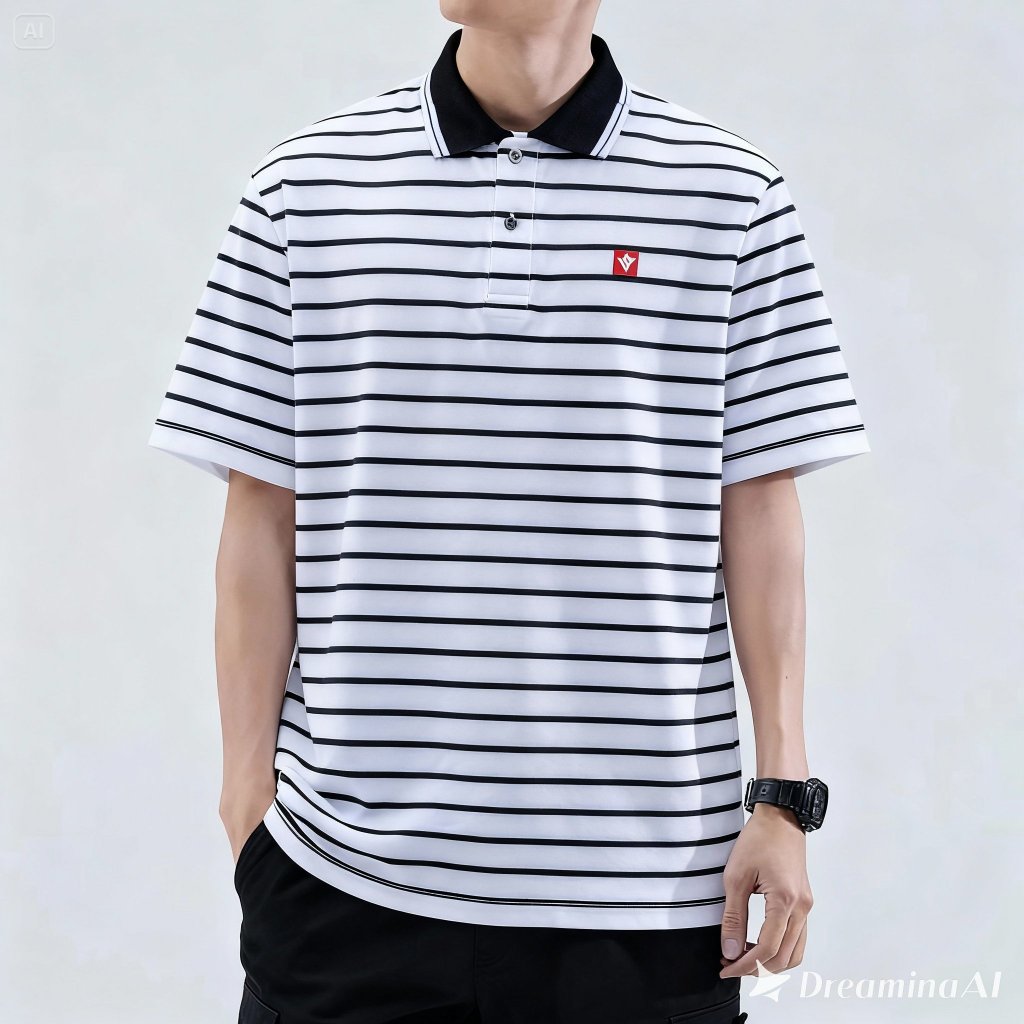 SKULLEND Kaos Polo Garis Hitam Putih Lengan Pendek Pria