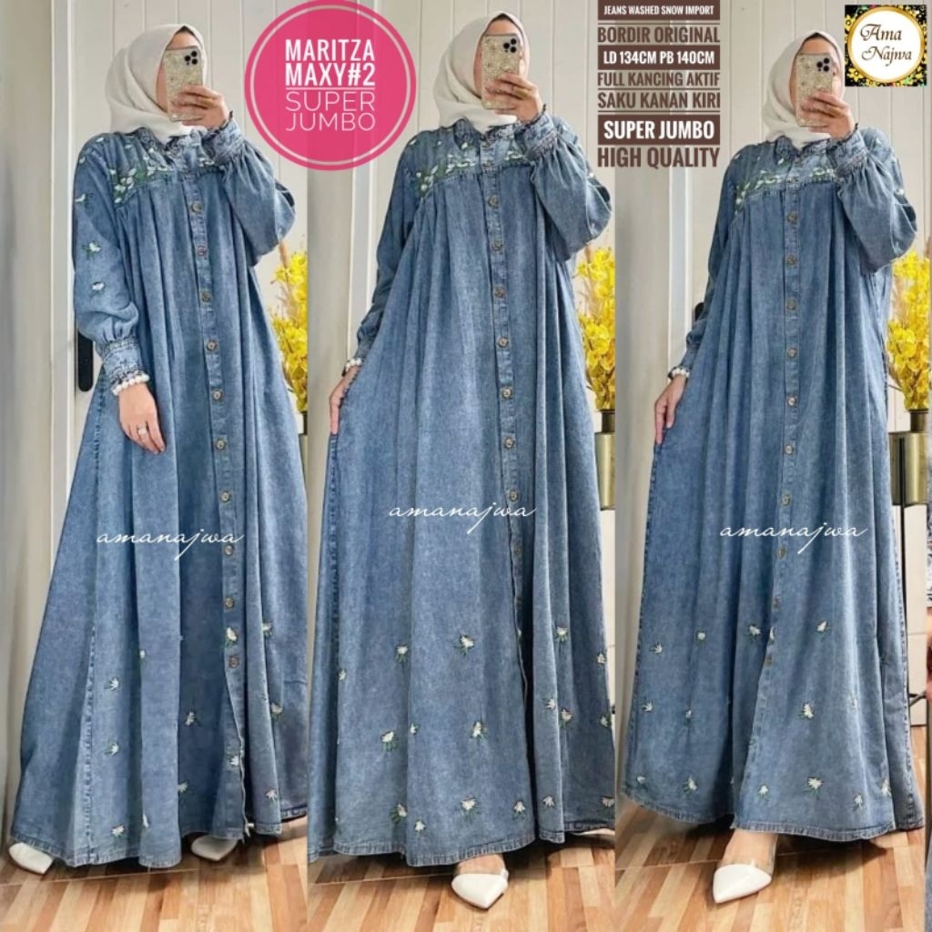 LD 134 Baju Gamis Jeans Washed Snow Import Bordir Original MARITZA SUPER JUMBO JEANS