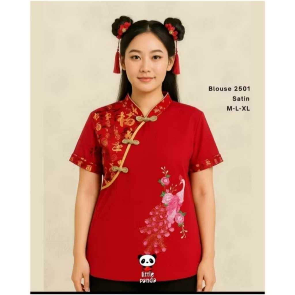 ATASAN IMLEK RED  BLOUSE WANITA CHEONGSAM DEWASA MOTIF MERAK LENGAN PENDEK