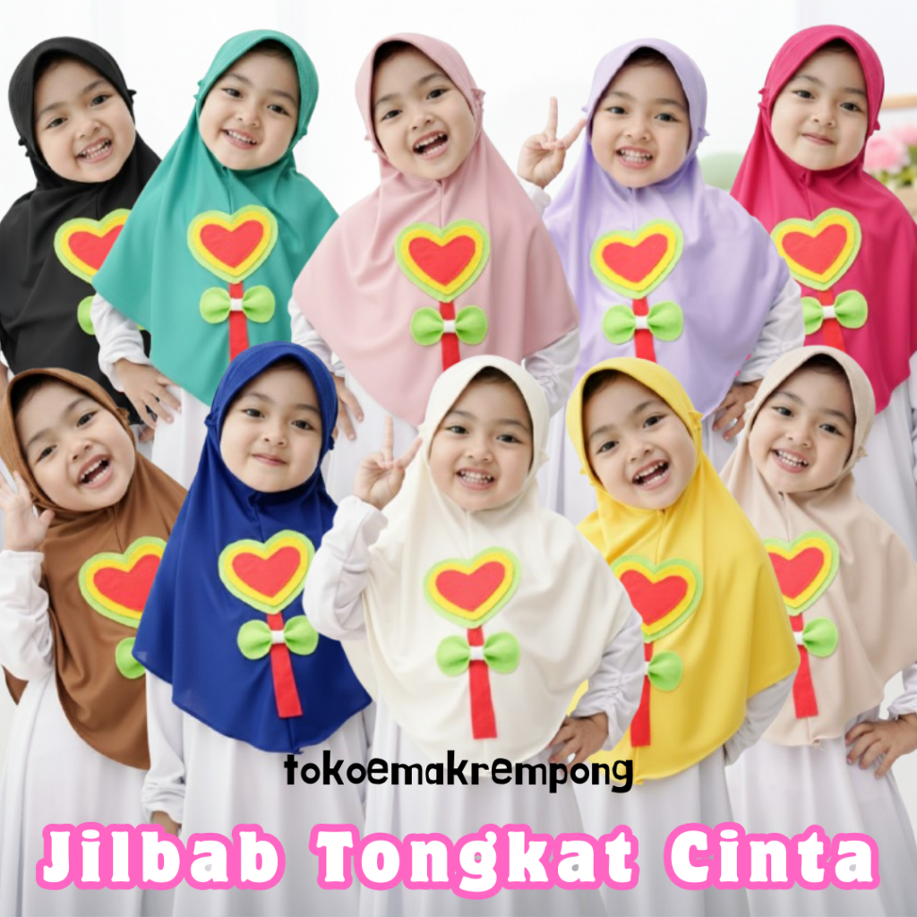 TokoEmakrempong Jilbab Tongkat Cinta Hijab Anak PAUD TK Kerudung Instan Anak 3-6 Tahun Lucu Unik Men