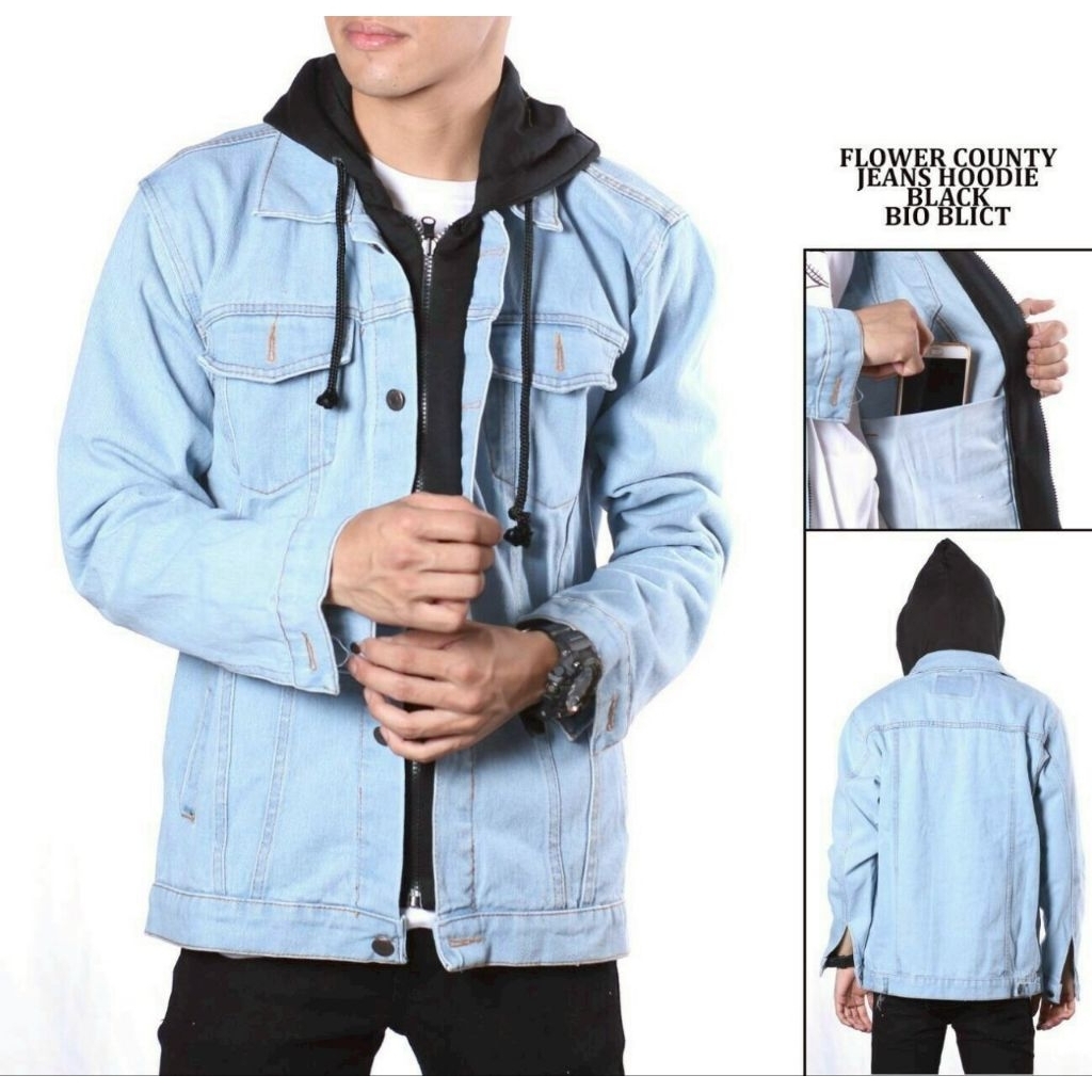 Jaket Jeans Pria Hoodie Double Sleting Lengan Panjang