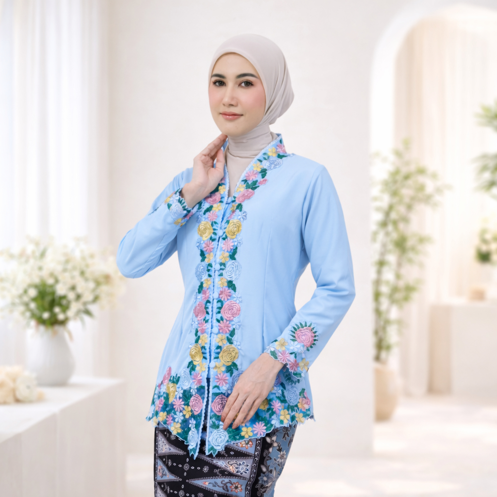 KebayaByAzella-Kebaya Encim Bordir Motif Bunga Tangan Panjang Bahan Katun Premium-Warna Biru Muda