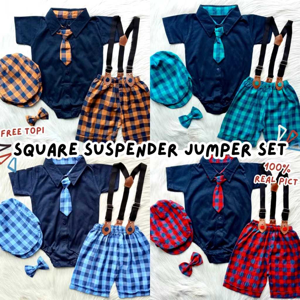 Set Baju Bayi Laki-Laki Dasi Suspender Topi Dasi Motif  | Jumper Romper Anak 0–6 Bulan