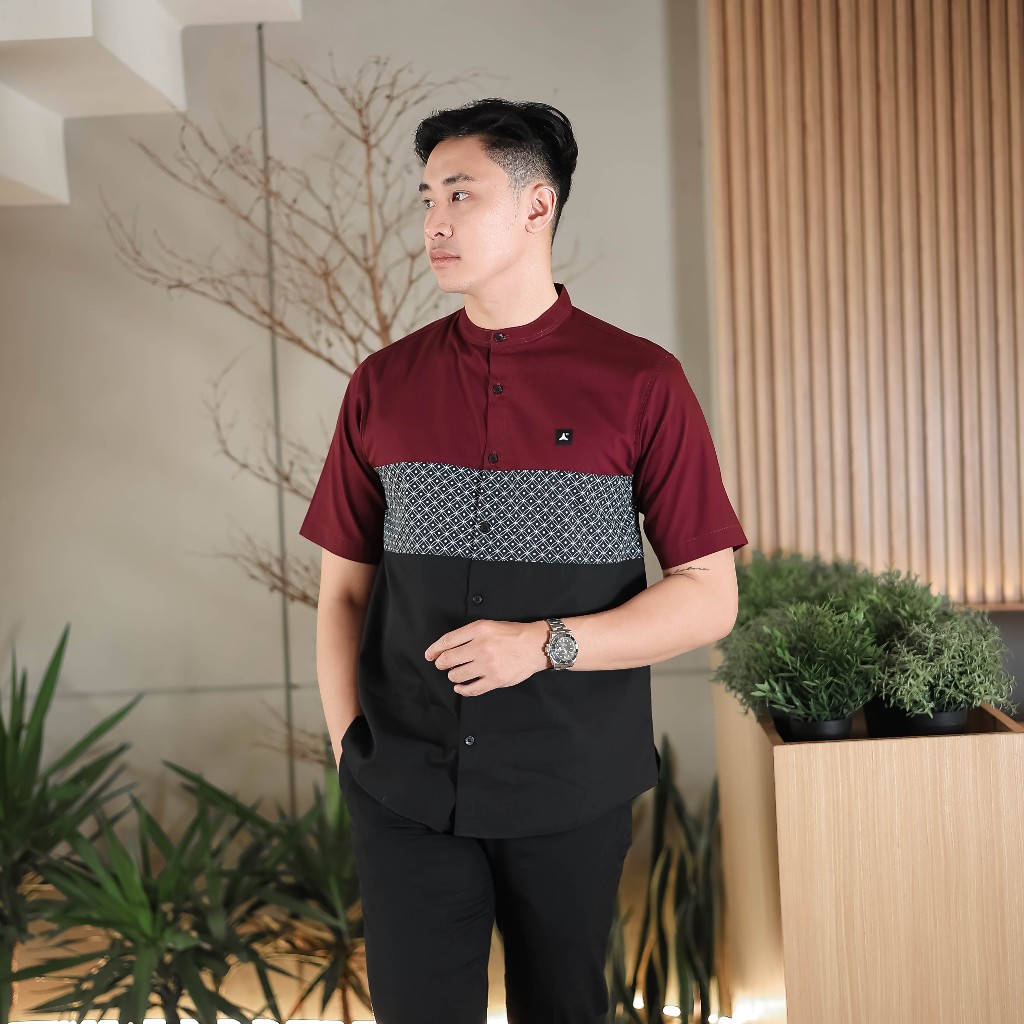 Kemeja Pria Premium Aplikasi Warna Maroon -  kemeja Shanghai Ruby
