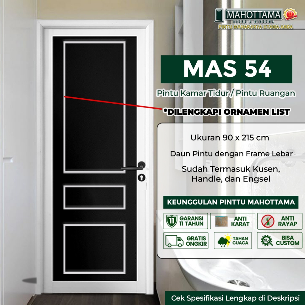 MAHOTTAMA MAS54 - Pintu Aluminium Rumah Utama Kamar Tidur / Mandi 90 x 215 Bisa Custom Ukuran Almuni