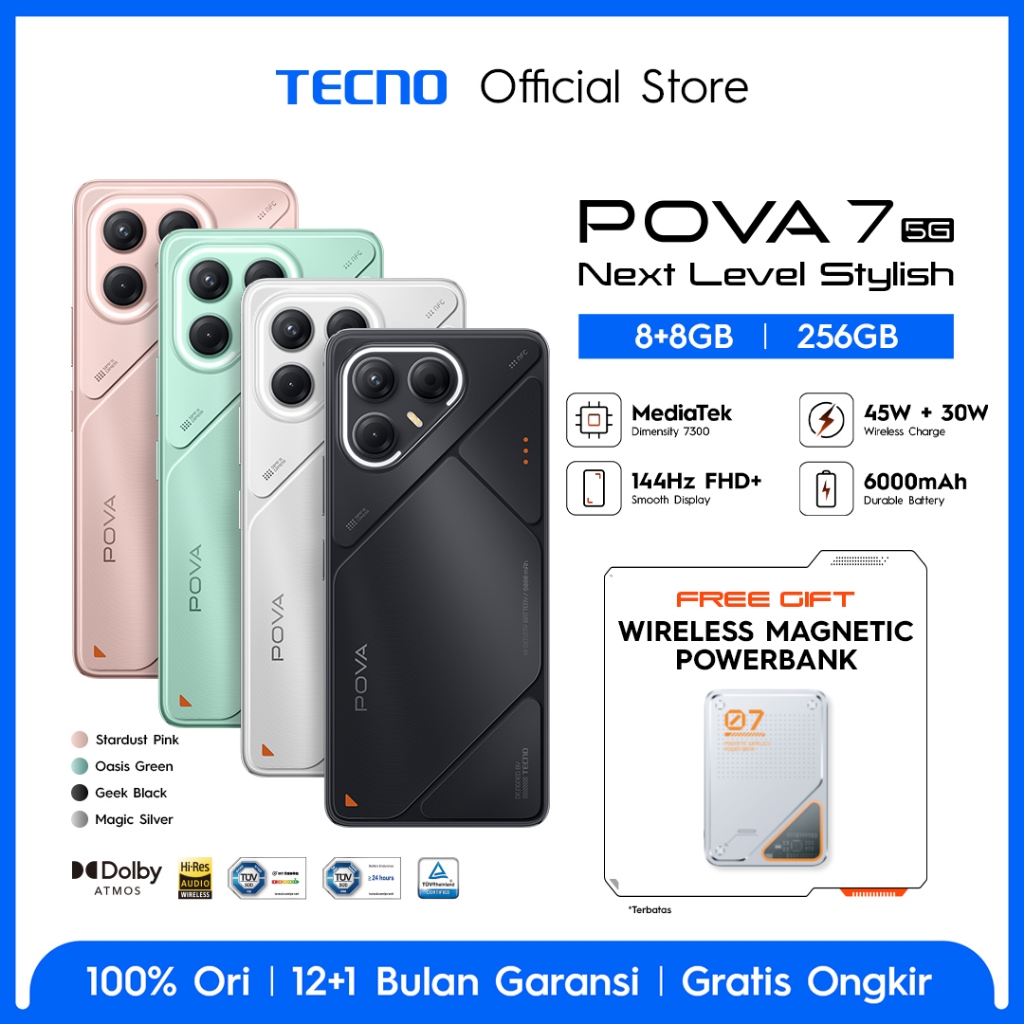 TECNO POVA 7 5G 8+8GB*/256GB, 6000 mAh, Mediatek D7300 Ultimate, 144Hz Smooth Display , 50MP Primary