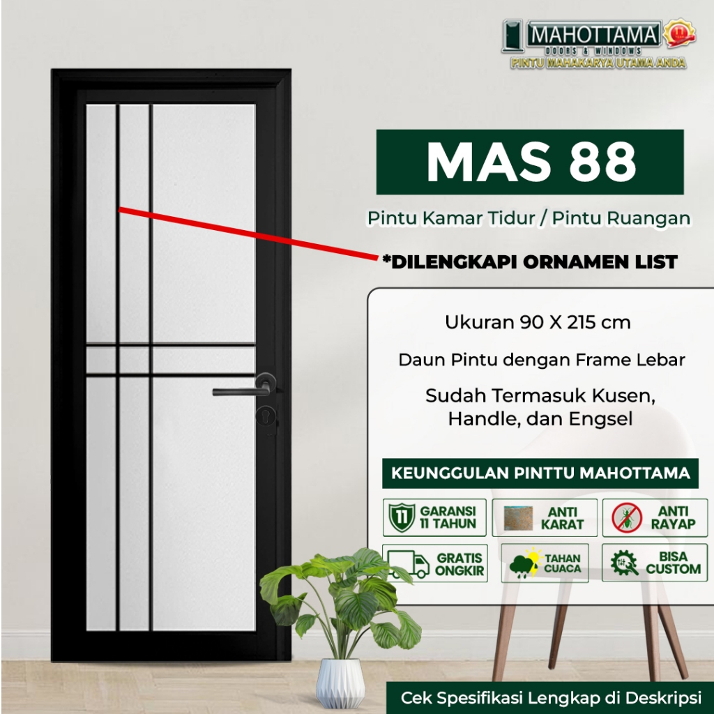 Pintu Aluminium Rumah Utama Kamar Tidur / Mandi 90 x 215 Bisa Custom Ukuran Almunium Doors MAS88 - M
