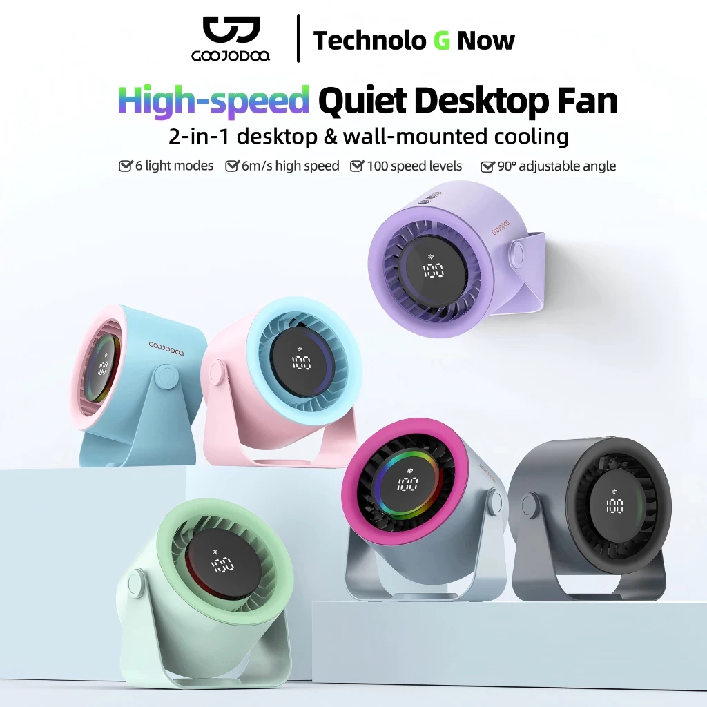 GOOJODOQ GFS008 Kipas Angin Dinding & Meja - Desain Portabel, Aliran Udara Kuat, Pencahayaan Dinamis