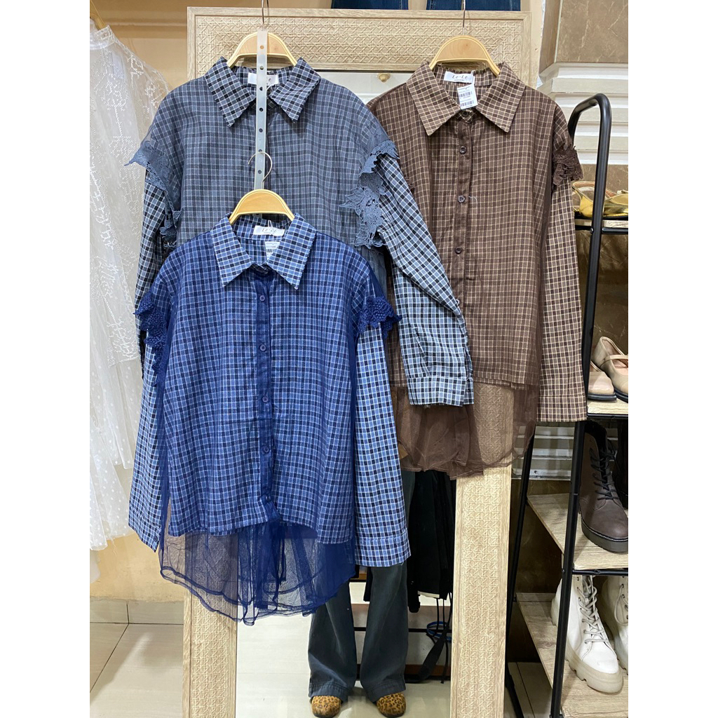 ATASAN KEMEJA WANITA KOTAK KOTAK  KOMBINASI  VEST JARINGA JARING