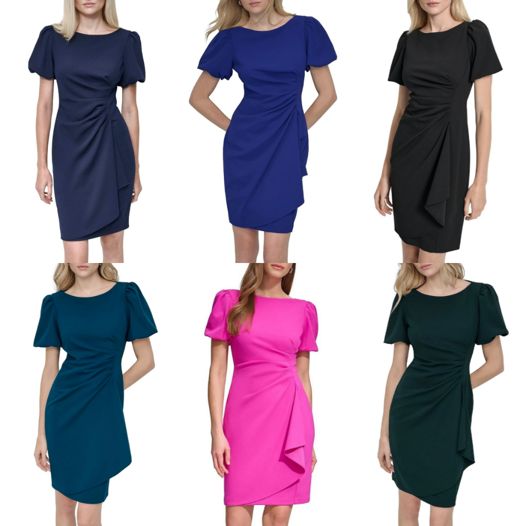 Dress Wanita DKNY Puff Sleeve Scuba Crepe Side Ruched Sheath Dress