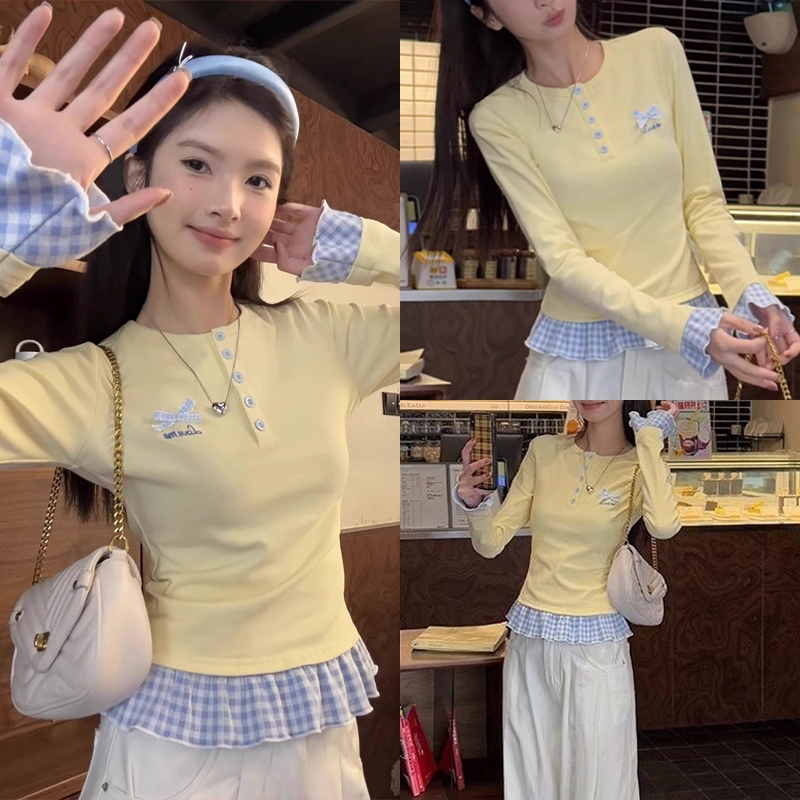 CTCT Kaos Panjang Fake Layering Renda Hem Wanita