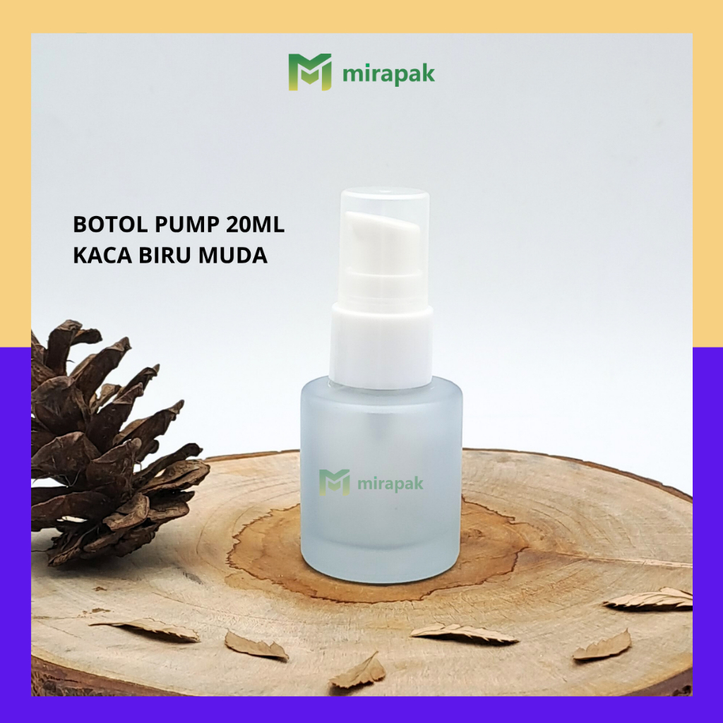 BOTOL PUMP LOTION 20ML BIRU MUDA BAHU DATAR KACA TEBAL - TUTUP PUMP PUTIH FULL COVER BENING - SERUM 