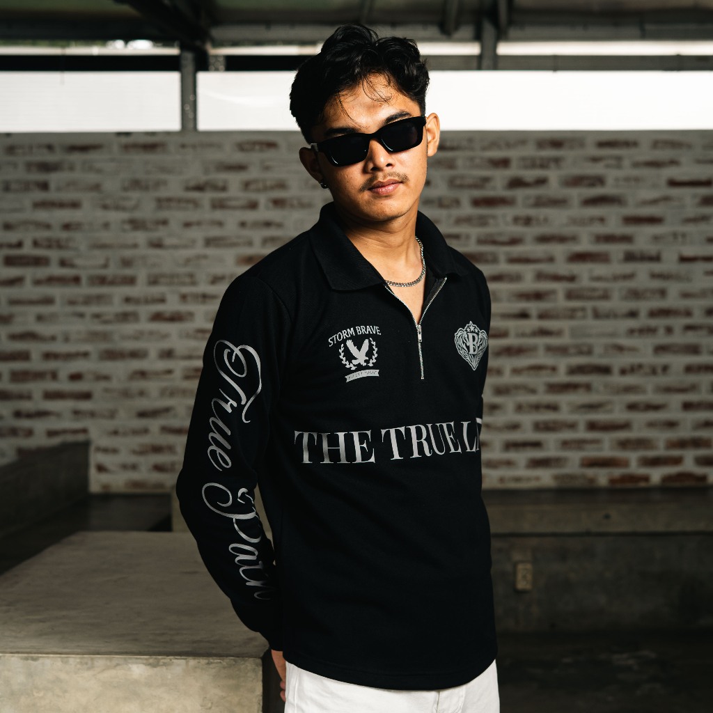 BOZRVK - Black Legacy Half-Zip Polo Longsleeve - Kaos Kerah Pria Tangan Panjang