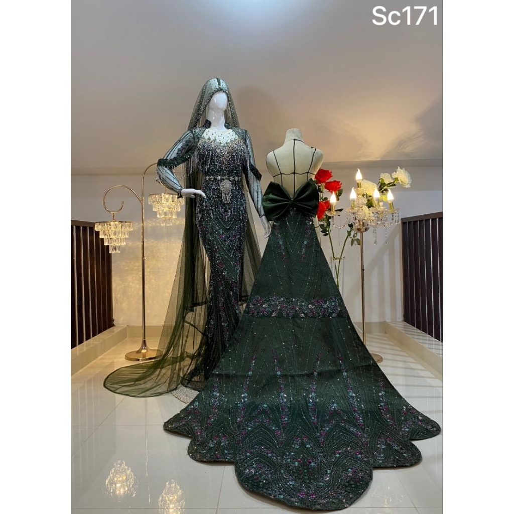 Gaun pengantin hijau army luxury mewah full payet