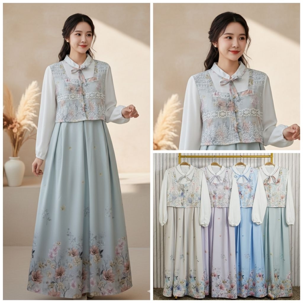 Korean Dress Malika ceruty cantik vintage motif bunga elegan gamis cantik vintage lipit motif bunga 