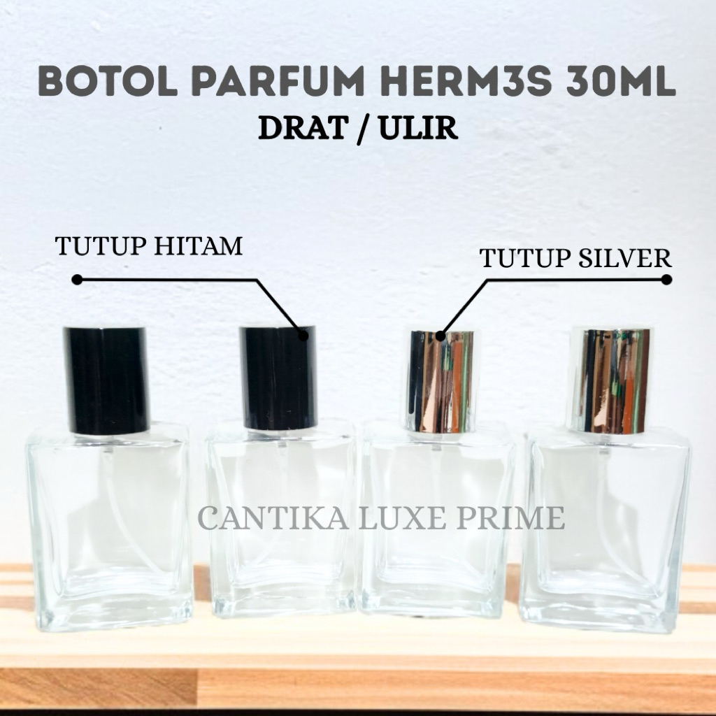 Botol Parfum Kotak Herme 30ML Drat Ulir Tutup Hitam - Botol Parfum Kaca Kosong 30ML