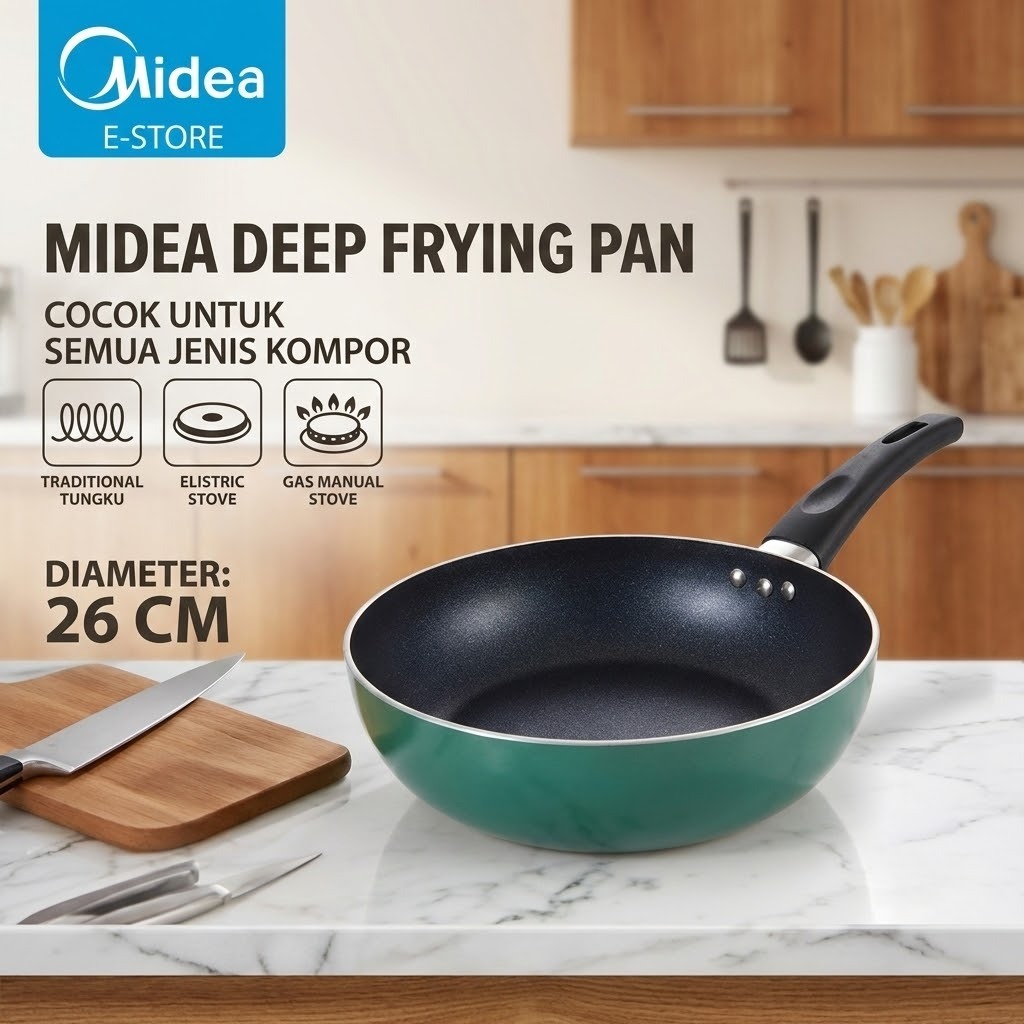 MIDEA Deep Fry Pan 26 cm | Wajan Anti Lengket | Untuk Kompor Gas & Listrik