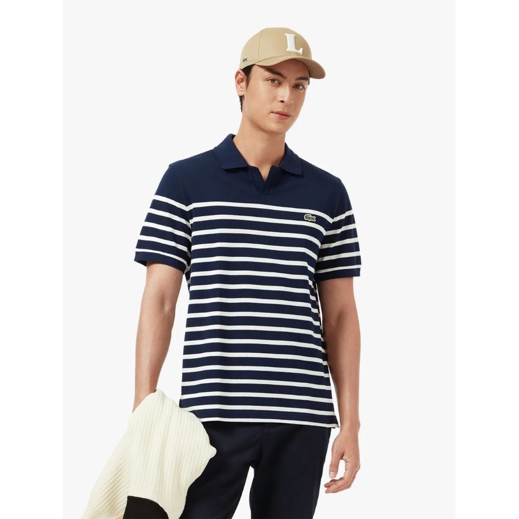 LACOSTE Men's Striped Cotton Polo Shirt Kaos Polo Pria - Navy - White
