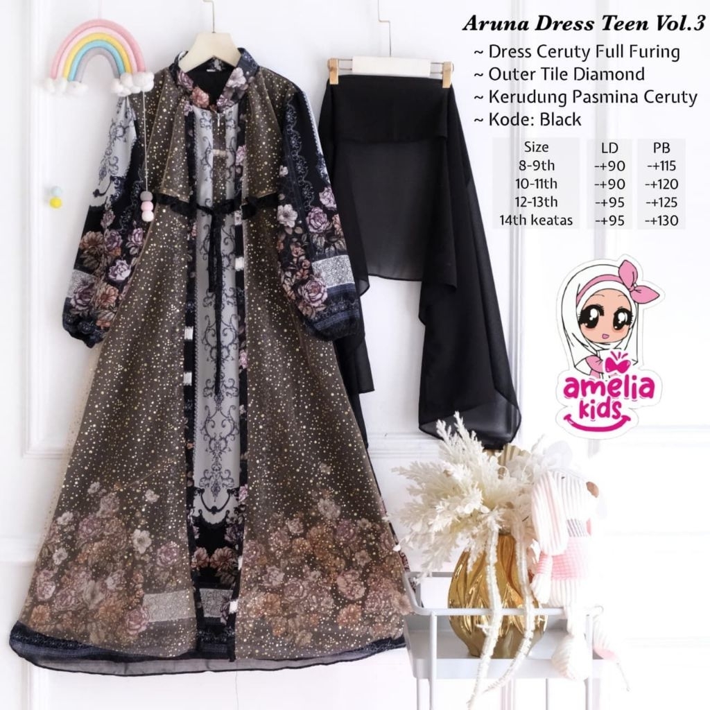Limited Aruna #3 Dress Kids By Amelia Original Best Seller Baju Anak Perempuan Dress/ Gamis +Jilbab