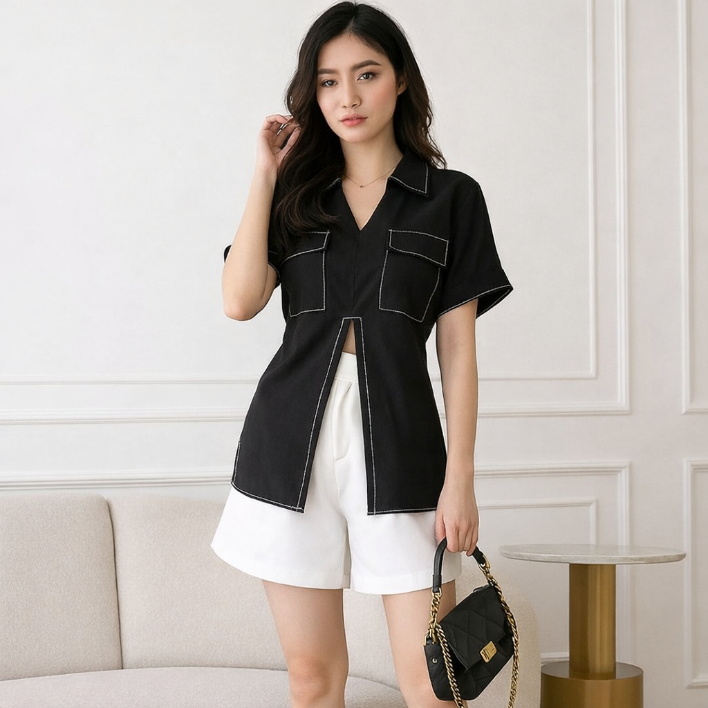 Atasan Blus Wanita Lengan Pendek Bahan Katun Linen Gaya Korea untuk Tampilan Kasual Sehari-hari