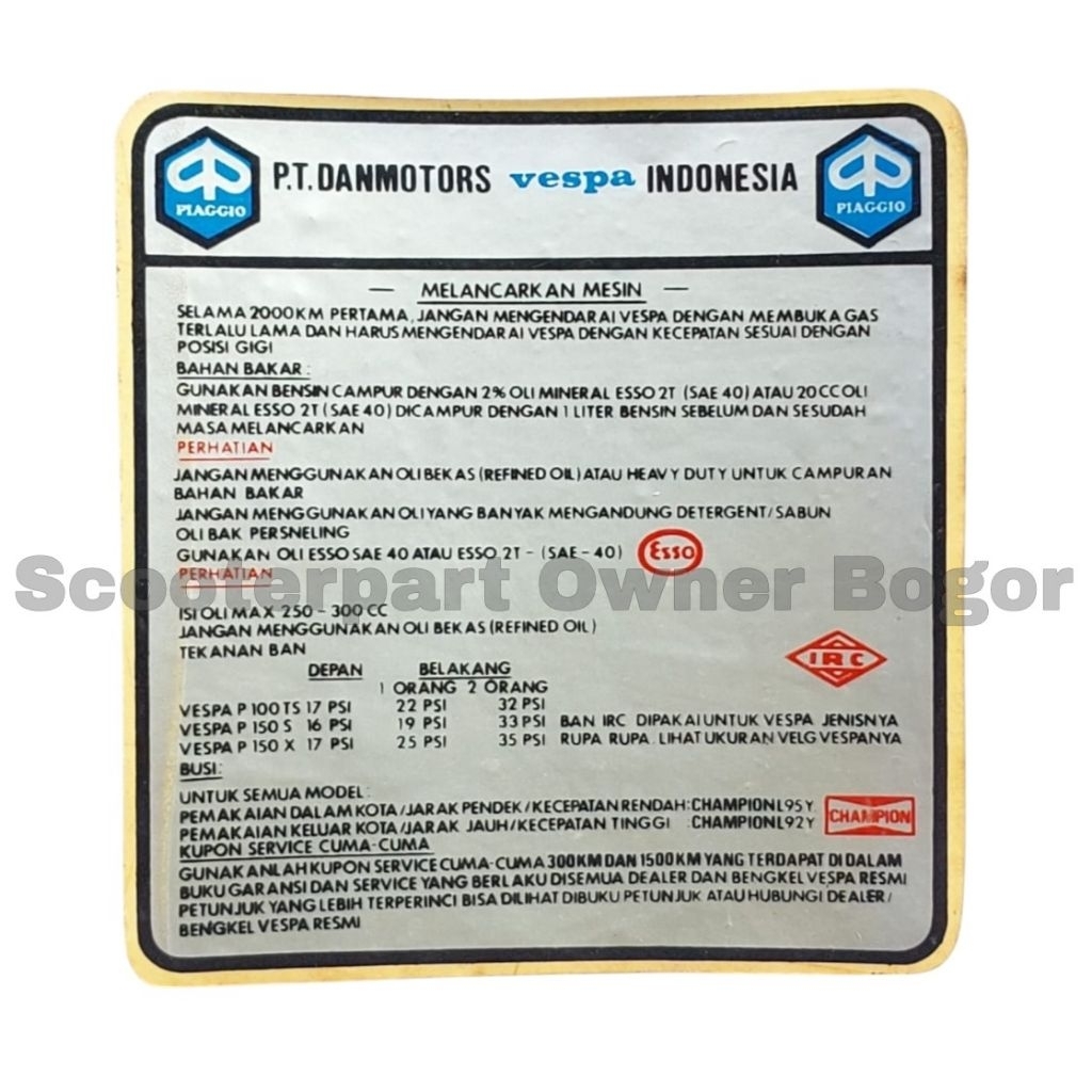Stiker Running In Body Depan Original PT Danmotors Vespa PTS PX PS