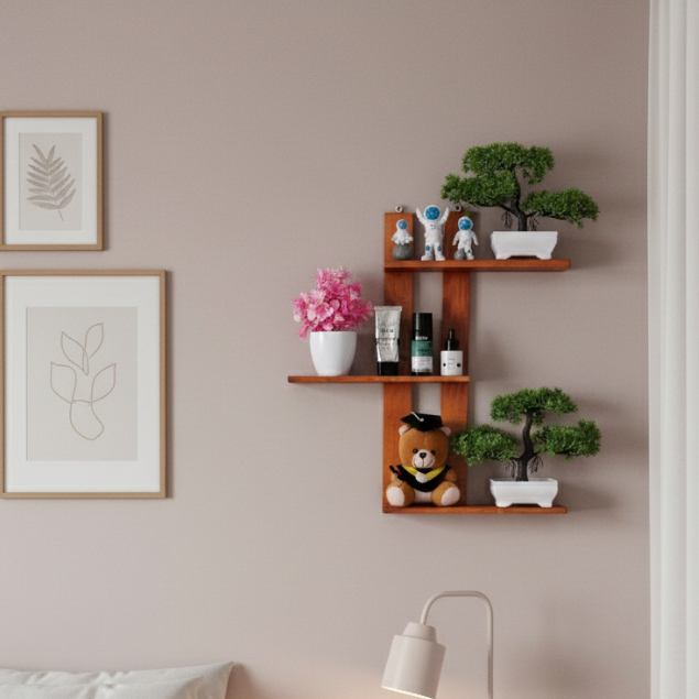 Rak Hiasan Dinding Kayu Solid / Rak Pot Bunga & Boneka / Rak Dinding Kayu Minimalis S-Shape Bertingk