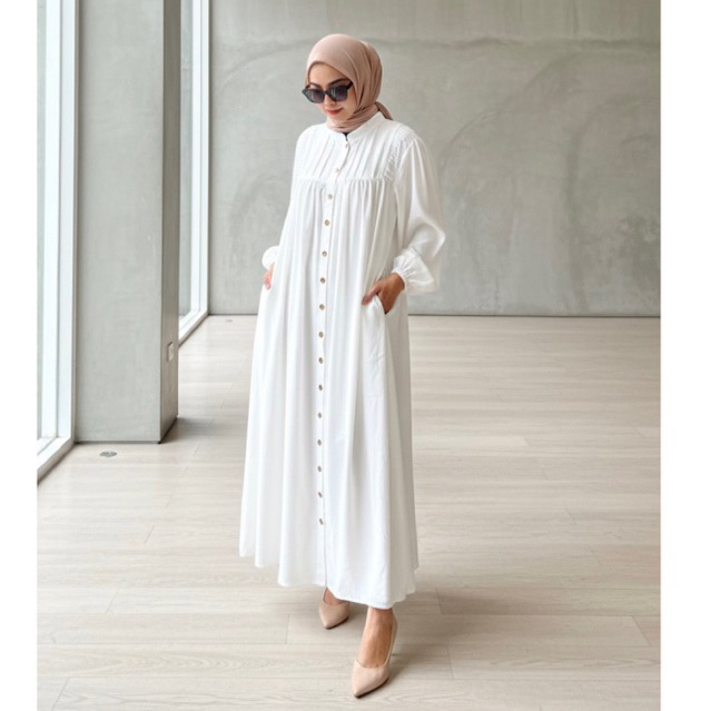 DIDEN GO Gamis Putih Premium Arunika Dress Kancing Seribu