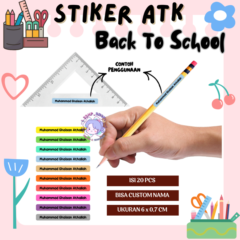 Stiker label nama custom request buku botol cutting anak sd laki laki perempuan muslim alat tulis AT