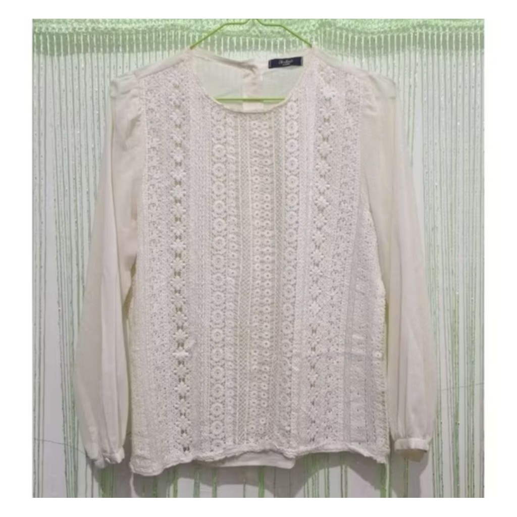blouse blus wanita putih bw polos lengan panjang motif brukat