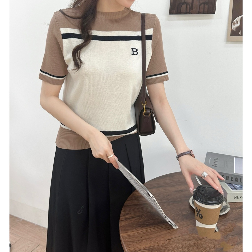Atasan Rajut Wanita Color Block Stripe Letter B Pattern Knitted Loose Top VM1531