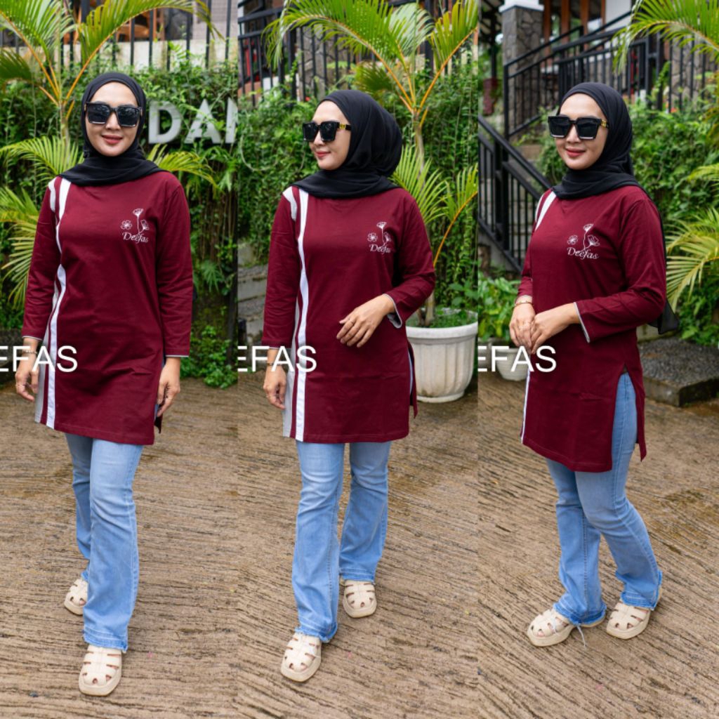 tunik motif kombinasi kaos atasan wanita tangan panjang bahan katun combet20s deefas original