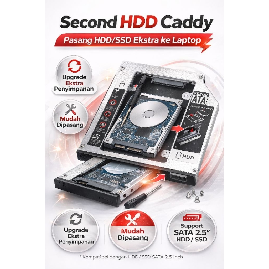 Second HDD Caddy Laptop Serial ATA 2.5 - Dudukan HDD / SSD Pengganti DVD | Mudah dipasang