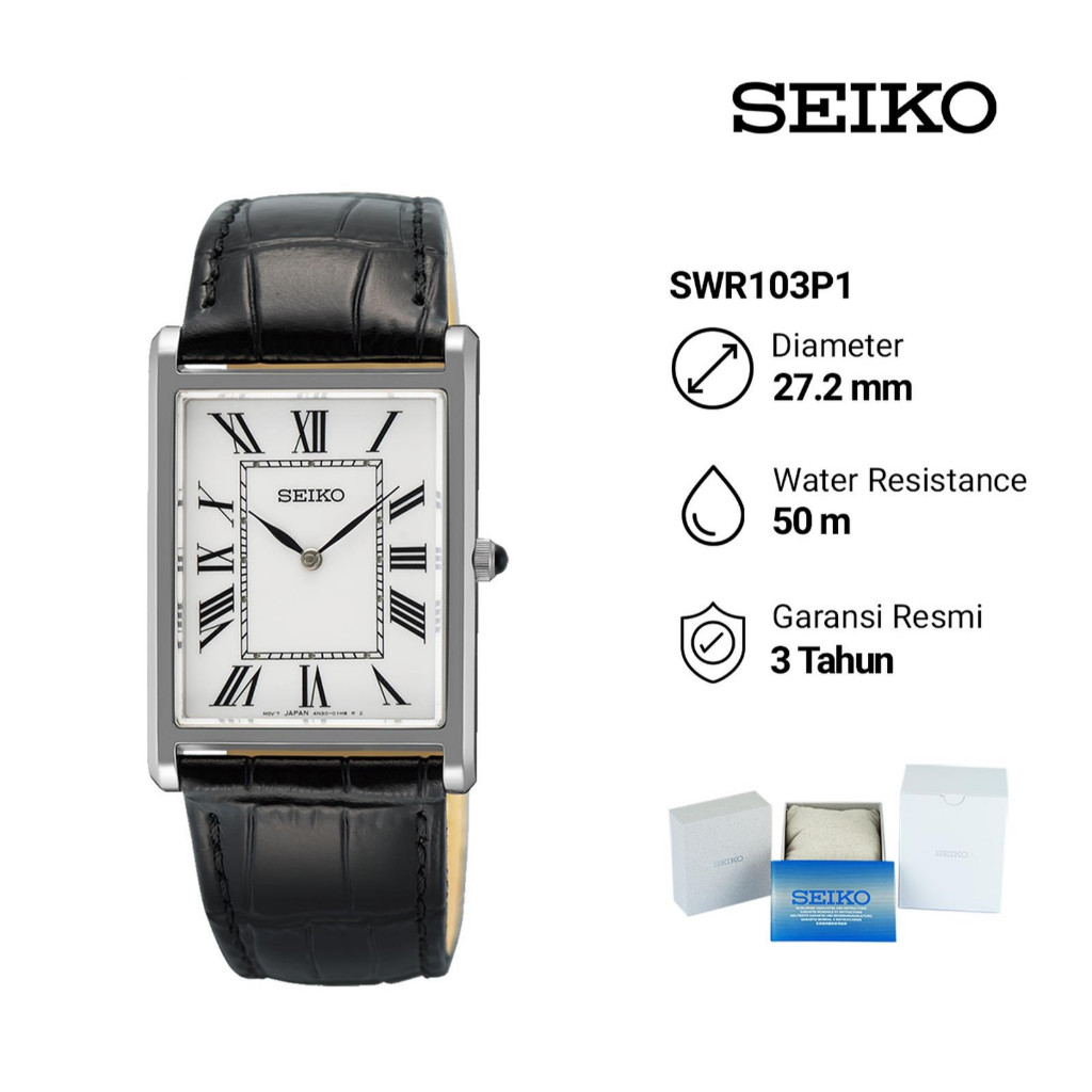 Jam Tangan Pria Seiko SWR103P1 Tank White Dial Black Leather Strap