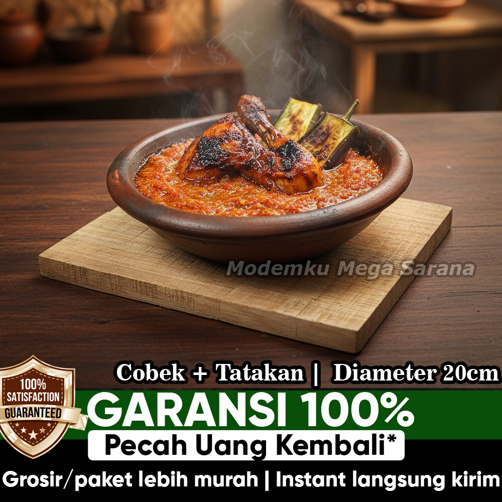 Paket Cobek Bakar Tanah Liat Sambal Gami + Tatakan Kayu Alas - Cobek Tahu Gejrot Tek Tek Super Tebal