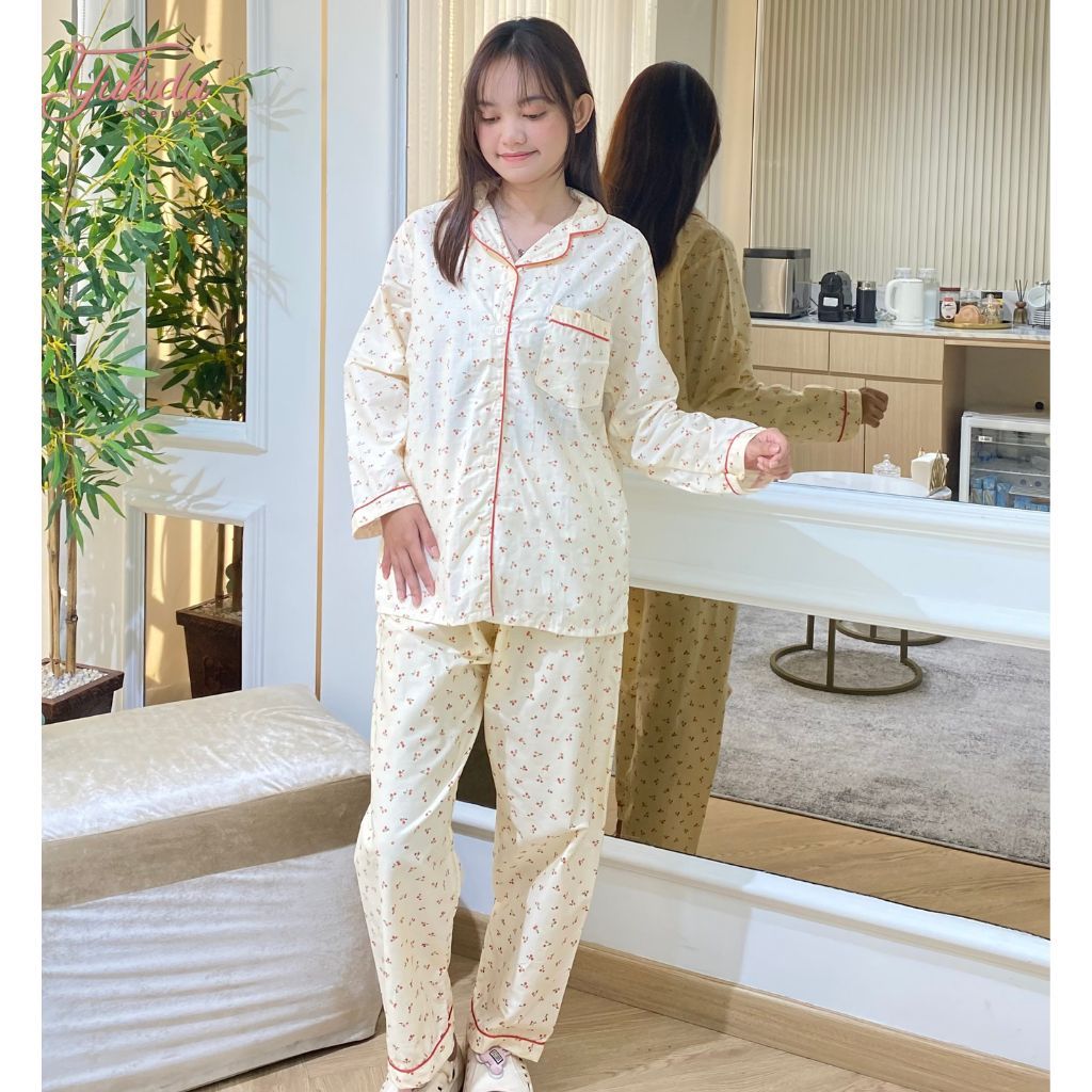 Yukidu Sleepwear Setelan Piyama Lengan Panjang Cherry Katun Jepang