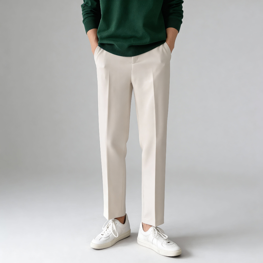 Celana Formal Pria Slim Fit Ankle Pants krem | Look Kantor Modern & Elegan Bahan Semi Wool