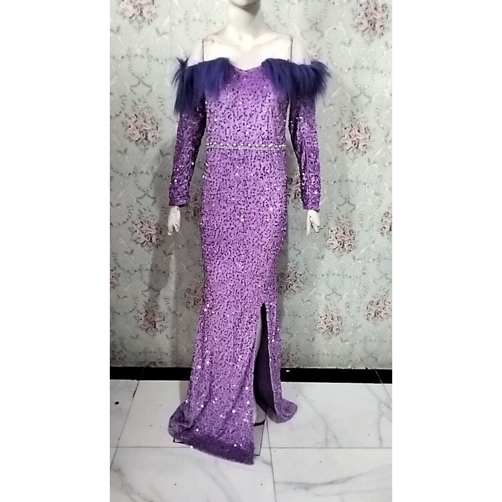 new gaun bludrusquin ungu,gaun penyanyi,gaun pesta mewah