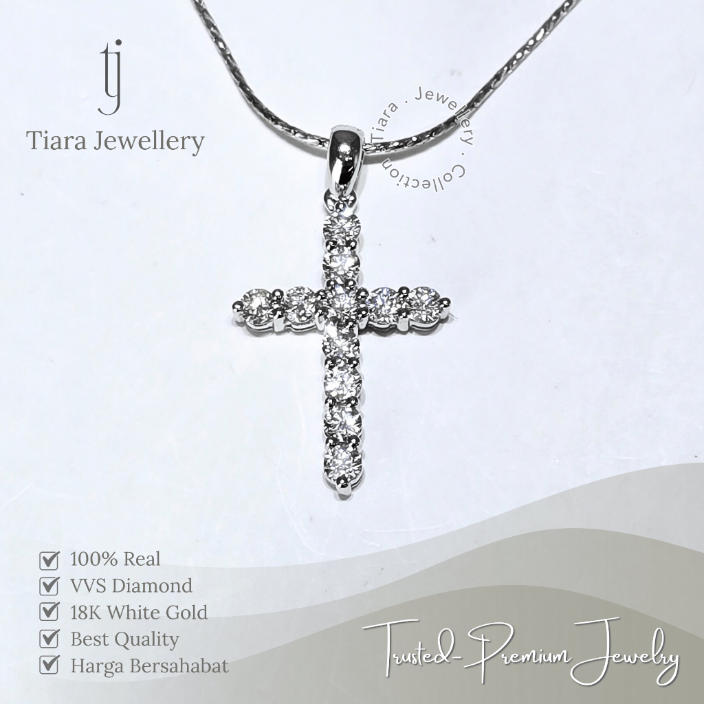 Tiara Jewellery - 18K White Gold Cross Pendant VVS Diamond Simple Design [PF116] / Liontin Salib Ema