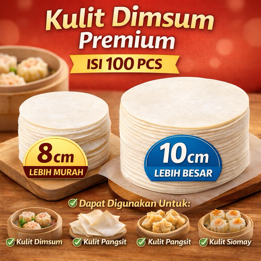 Kulit Dimsum Premium Isi 100 pcs | Diameter 8 cm & 10 cm | Lentur Tebal Tidak Mudah Sobek | Halal