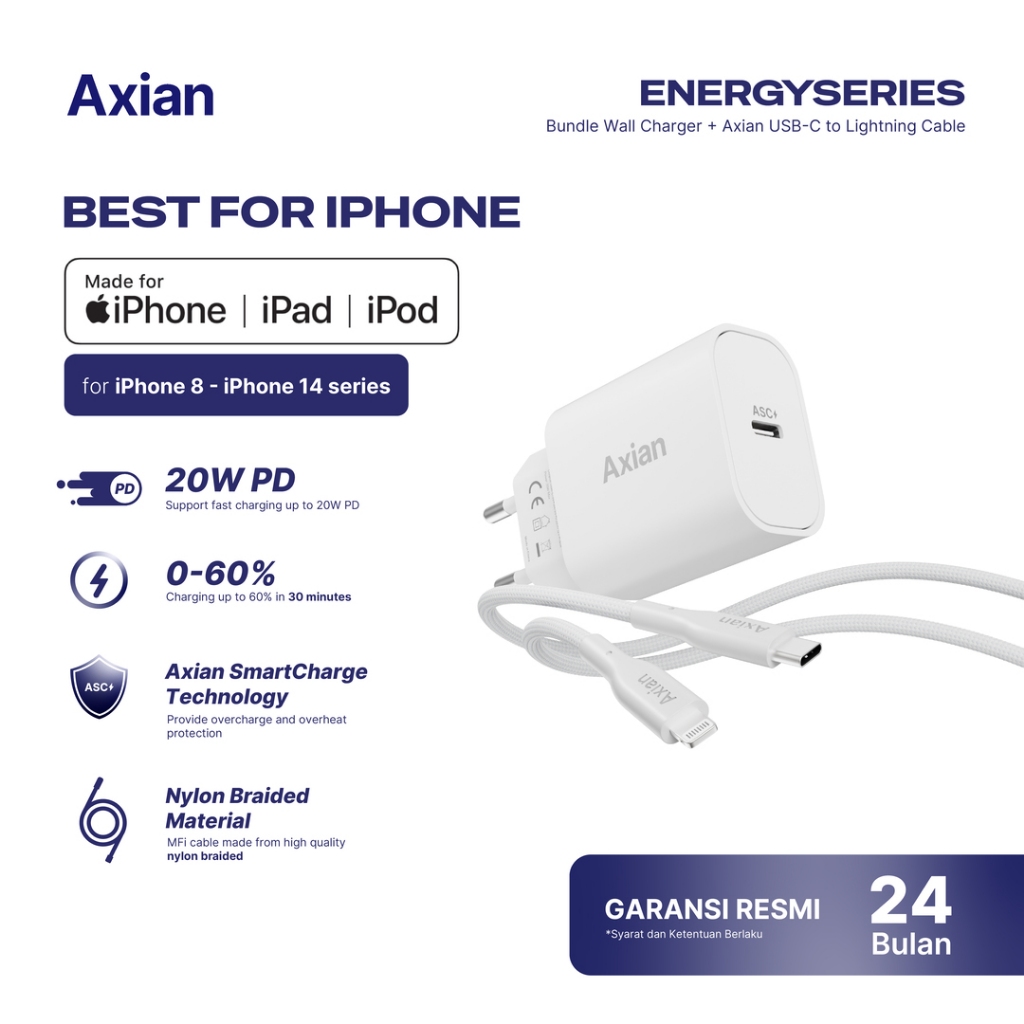 AXIAN CHARGER IPHONE MFI USB C TO LIGHTNING 20W ADAPTOR KABEL 11 12 13 14 PRO MAX MURAH
