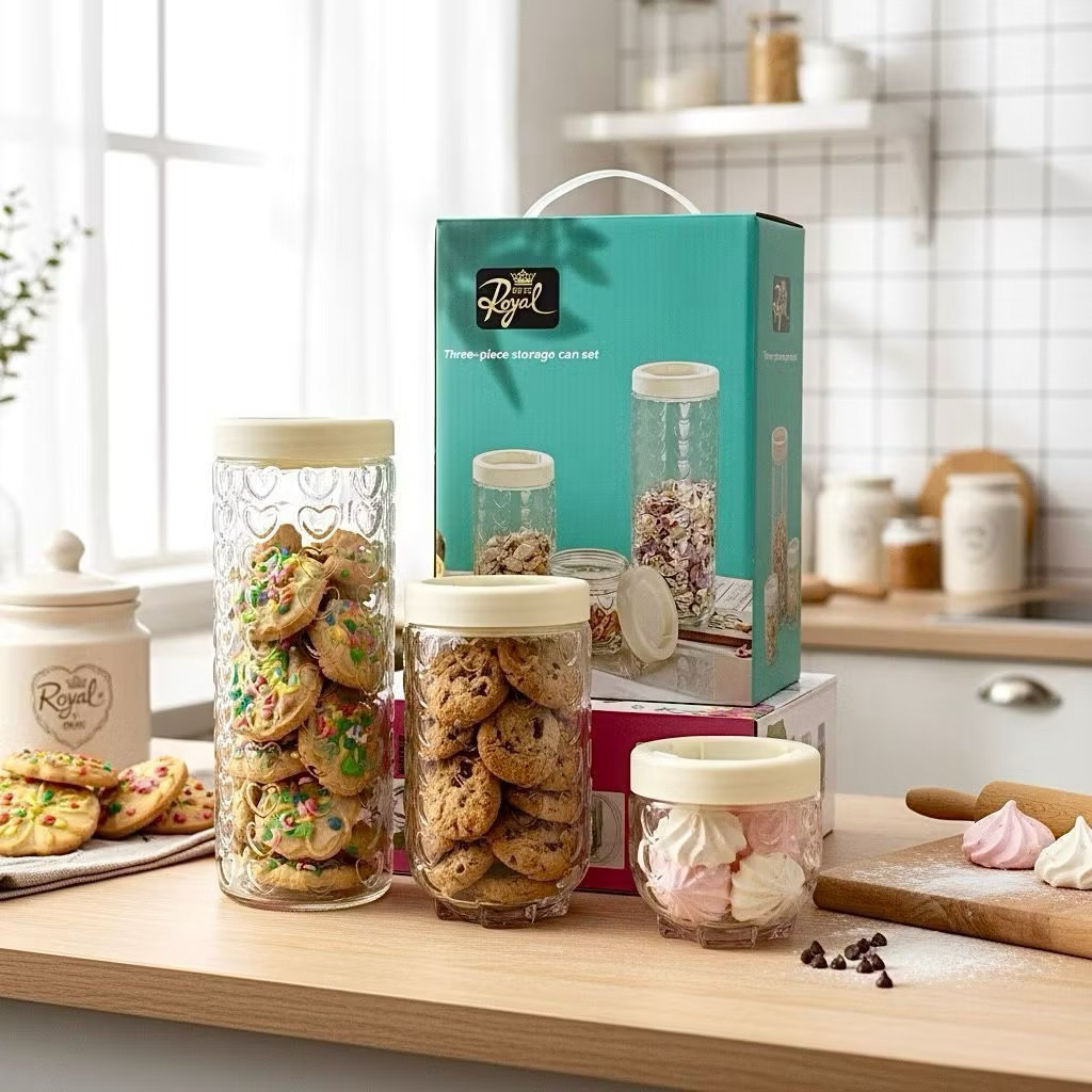 Toples Kaca Royal 3in1 | Set 3 in 1 Toples Kaca Salur Minimalis | Wadah Penyimpanan Makanan