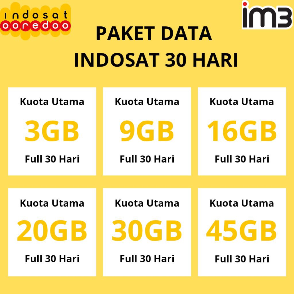 PAKET DATA INDOSAT IM3 30 HARI | 3GB 6GB 9GB 12GB 16GB 20GB 30GB 45GB