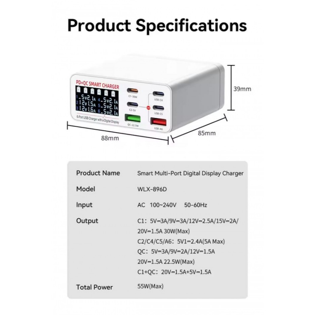 WLX WLX-896D Portable Smart Multi Port Digital Display Fast Charger Usb Quick Charging Station Smart