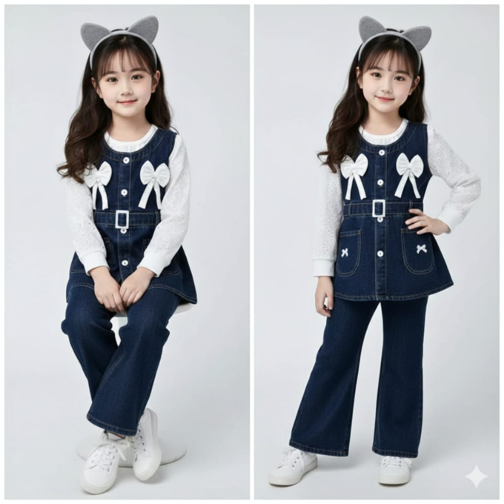 Stelan jeans lengan brukat anak perempuan terbaru 2026 usia 3 - 11 tahun set jeans 31N1 anak perempu