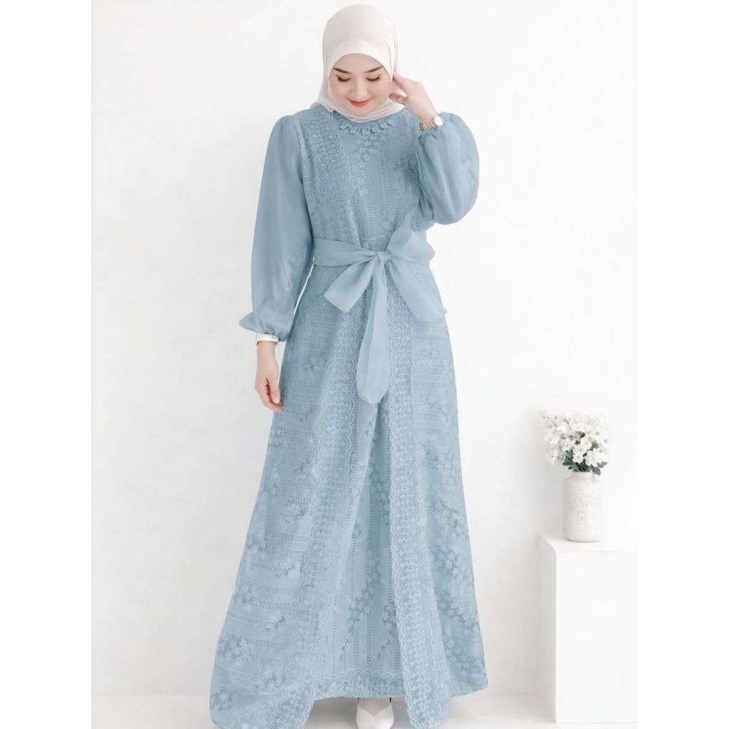Gamis Brokat Lengan Balon Organza – Dress Pesta Wanita Muslimah Size M L 4 Warna Oz