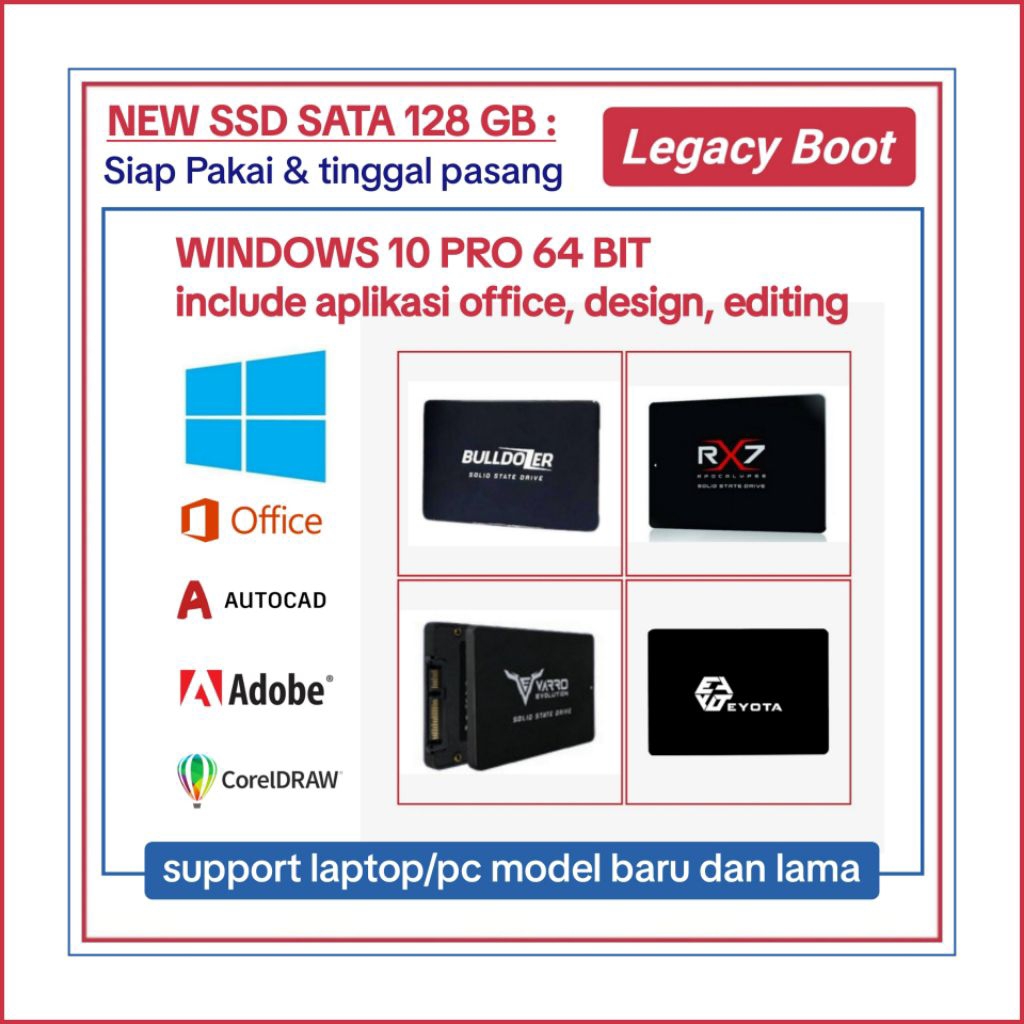 NEW SSD SATA 128GB WINDOWS 10 & FULL APLIKASI | SIAP PAKAI  BOOT LEGACY