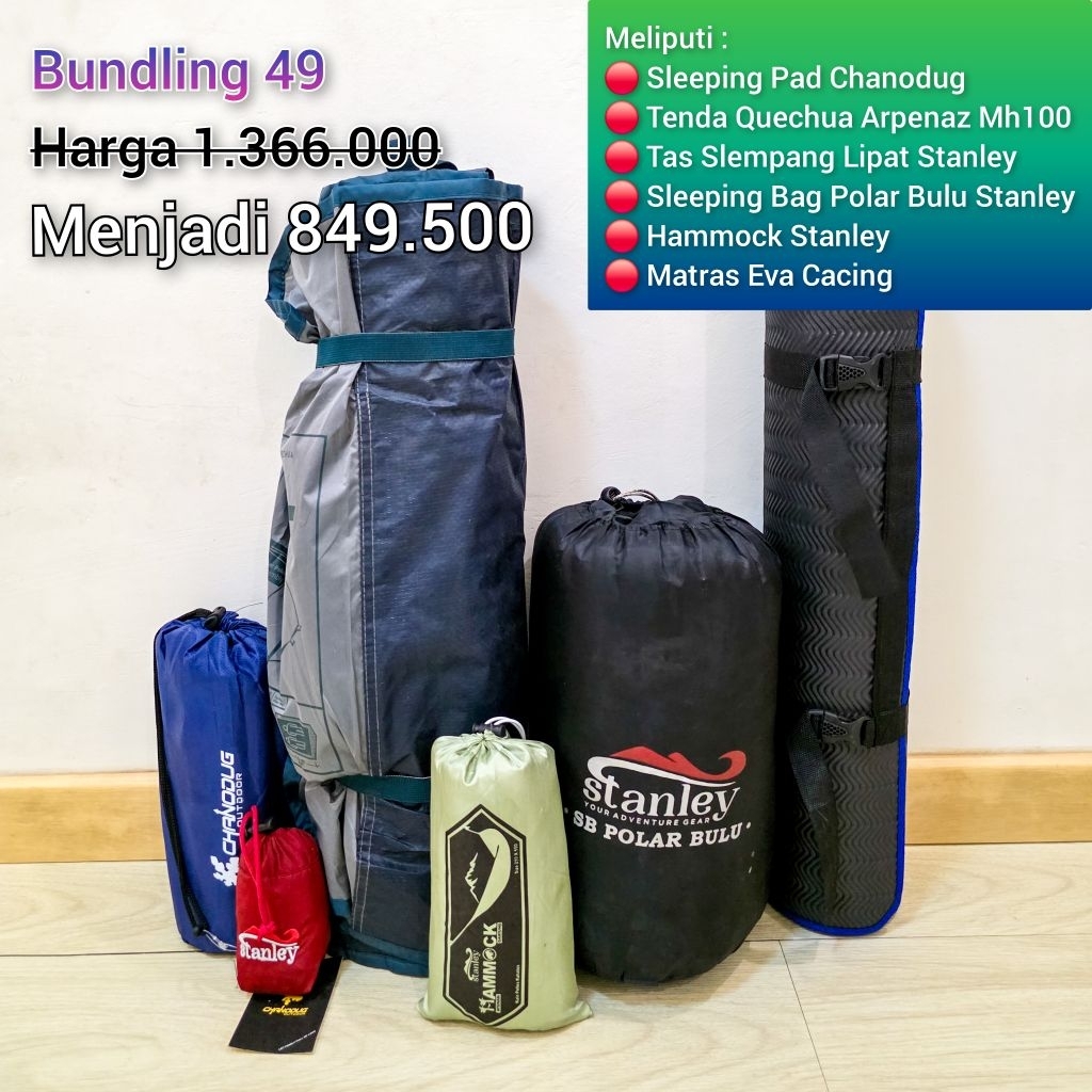 Paket Bundling 49 Meliputi :
1. Tenda Quechua Arpenaz Mh100 IDR 825K
2. Sleeping Pad Chanodug IDR 20