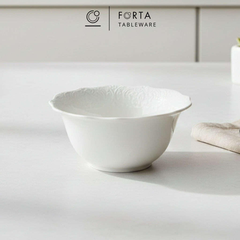 FORTA Mangkok Nasi Sup Bunga Keramik Premium Putih Diameter 16cm / Mangkuk Aurelia Lace Hotelware se